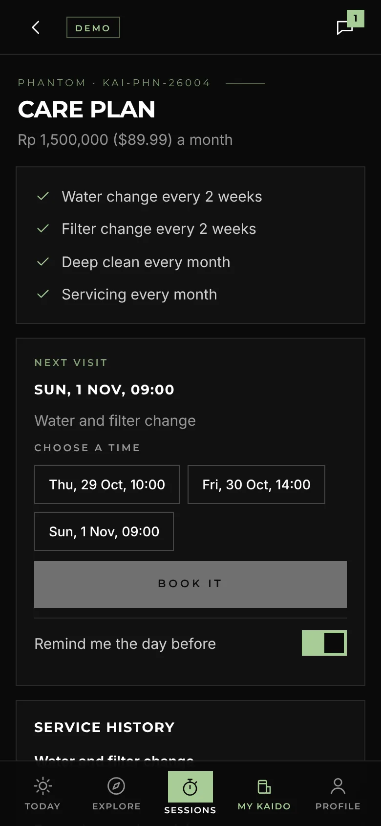 The care plan in the app: what it covers and the next visit to book, with sample data