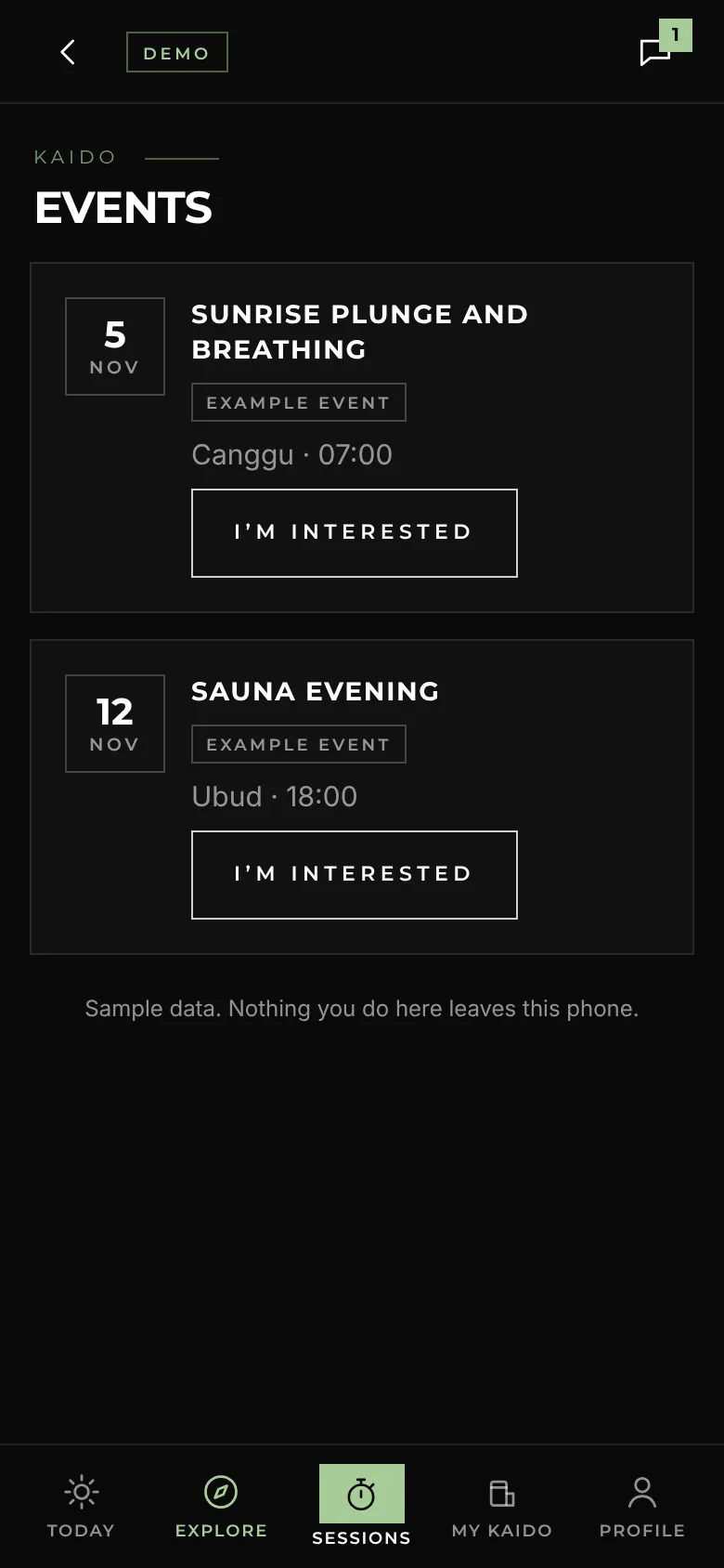 Events in the app: a sunrise plunge and a sauna evening, both marked as examples