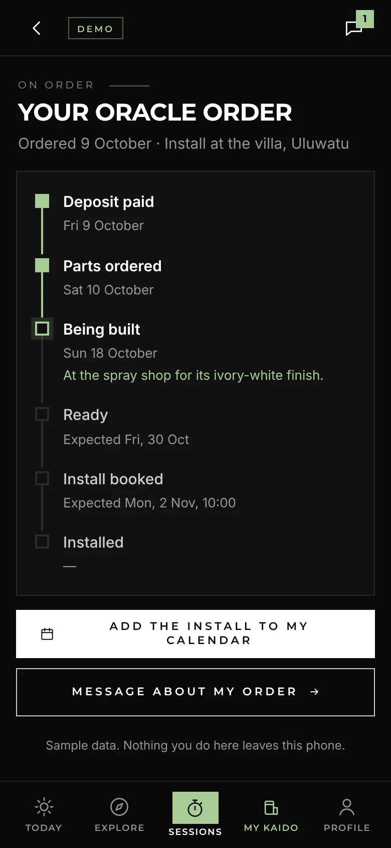 An order in the app, step by step from deposit to install, with sample data