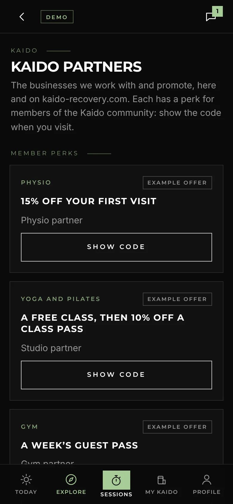 Kaido Partners in the app: member perks from a physio, a studio and a gym, each marked as an example