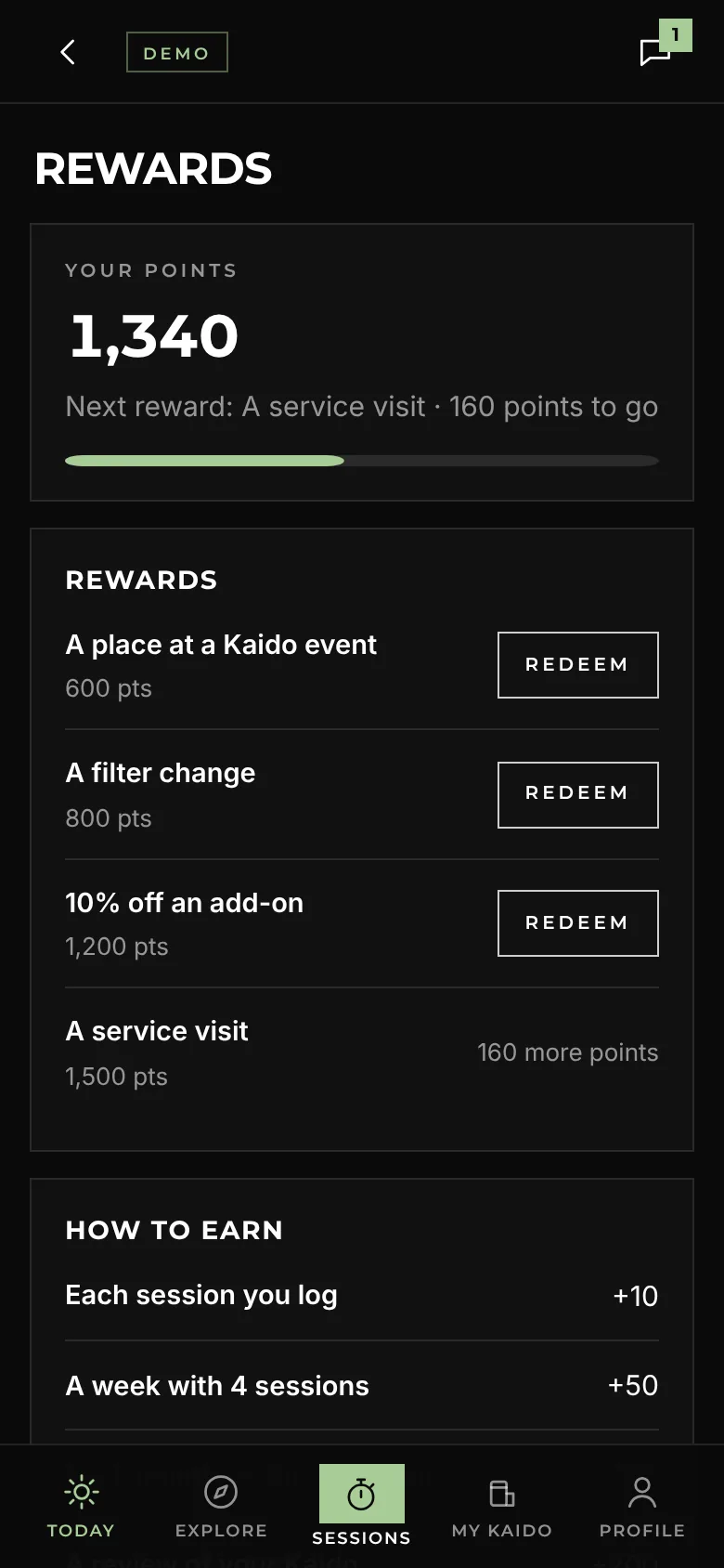 Rewards in the app: points and the rewards to redeem them for, with sample data