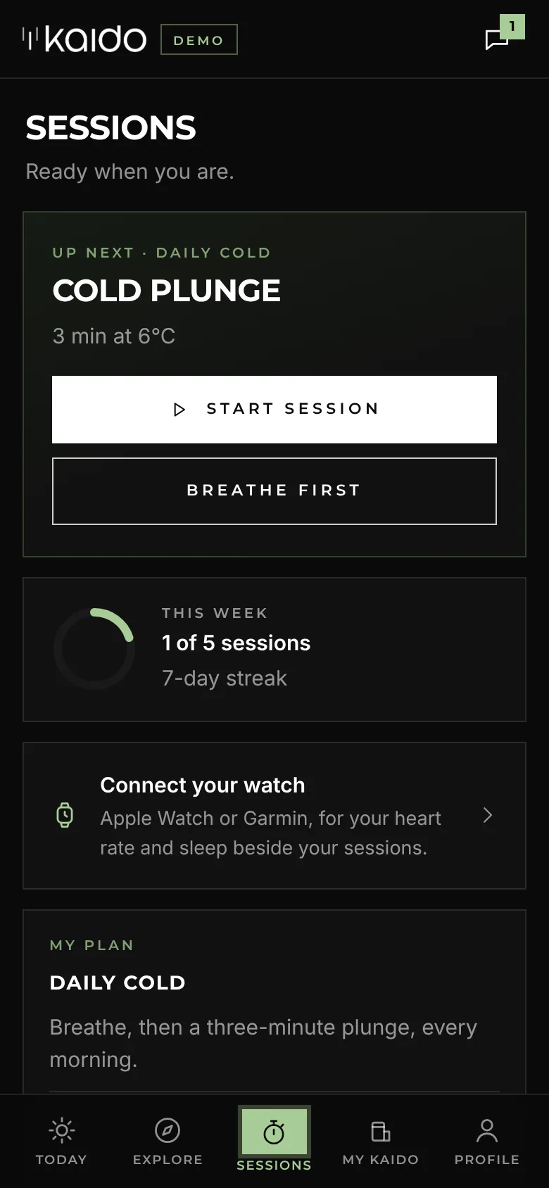 Sessions in the app: a cold plunge up next and the week’s sessions, with sample data